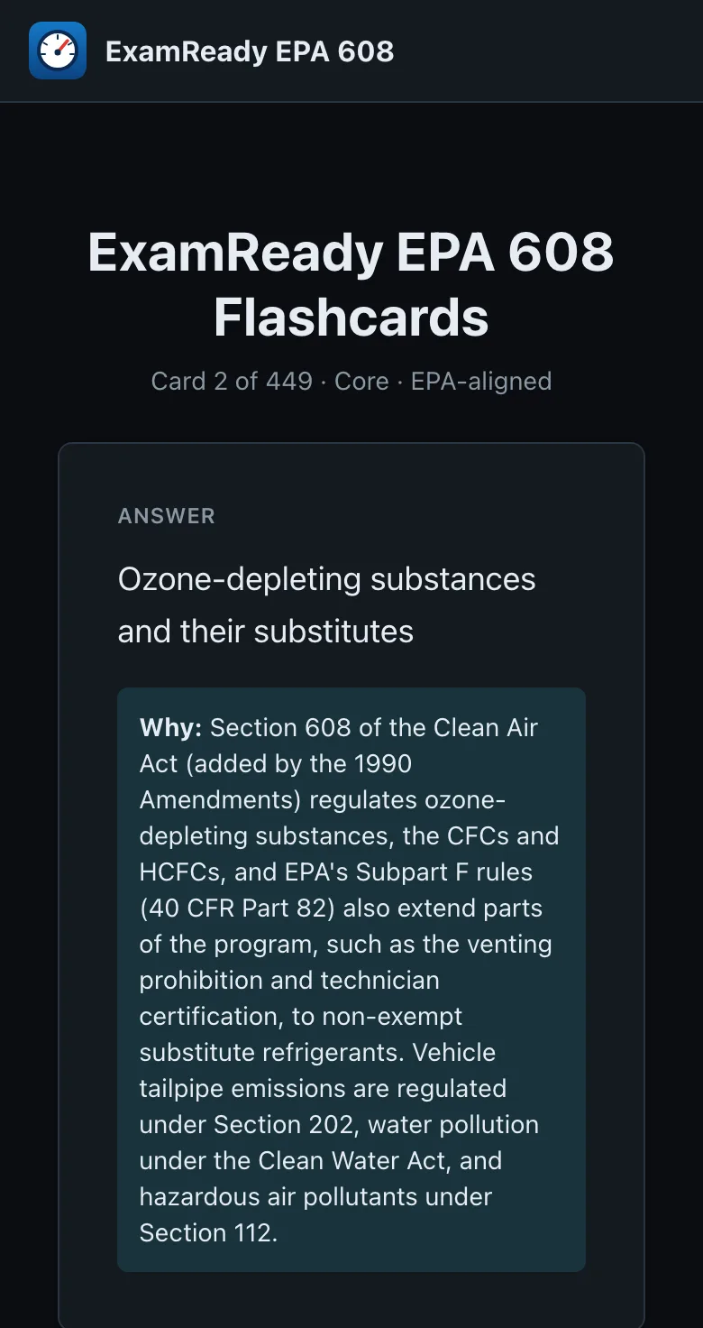 EPA 608 flashcard on a phone showing the answer and the reason it is correct