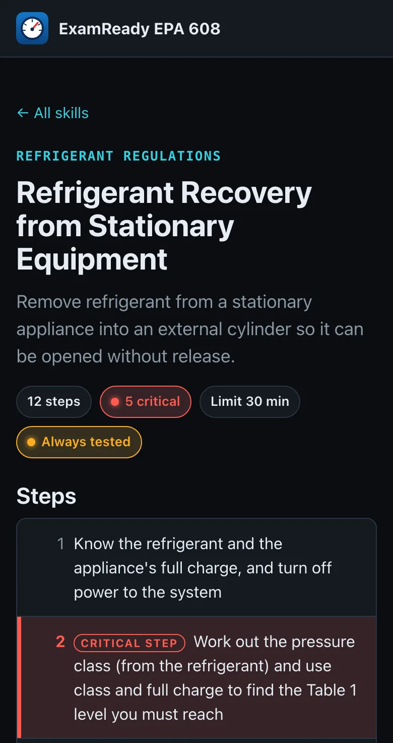 EPA 608 skill page for Refrigerant Recovery from Stationary Equipment on a phone with numbered steps and critical steps flagged