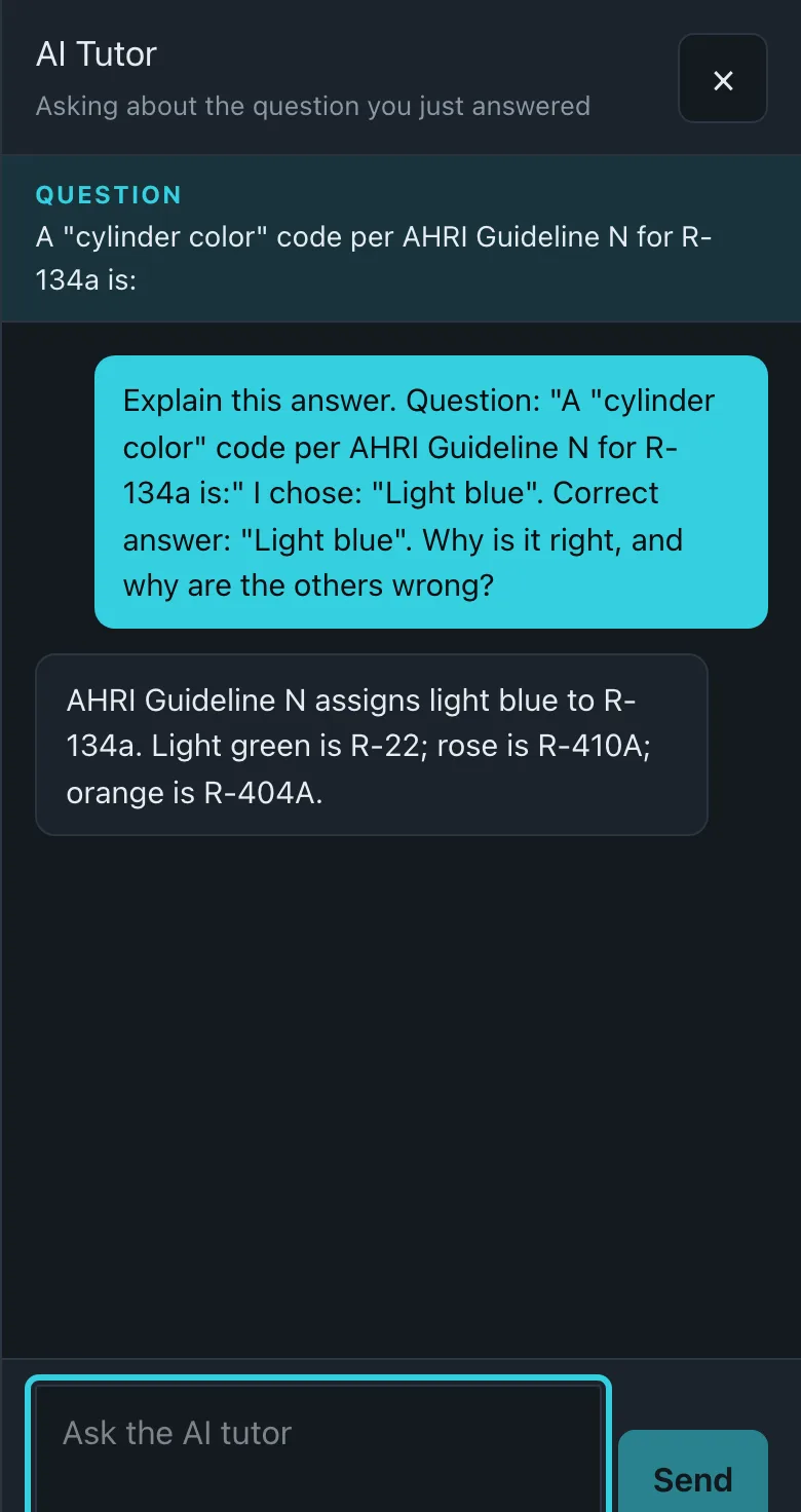 EPA 608 AI tutor panel on a phone explaining the answer to a practice question